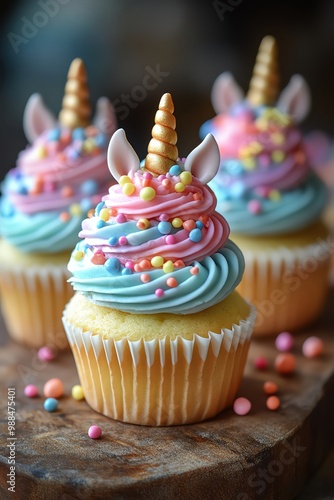 Unicornthemed cupcakes with pastel colors and sprinkles, whimsical and sweet photo