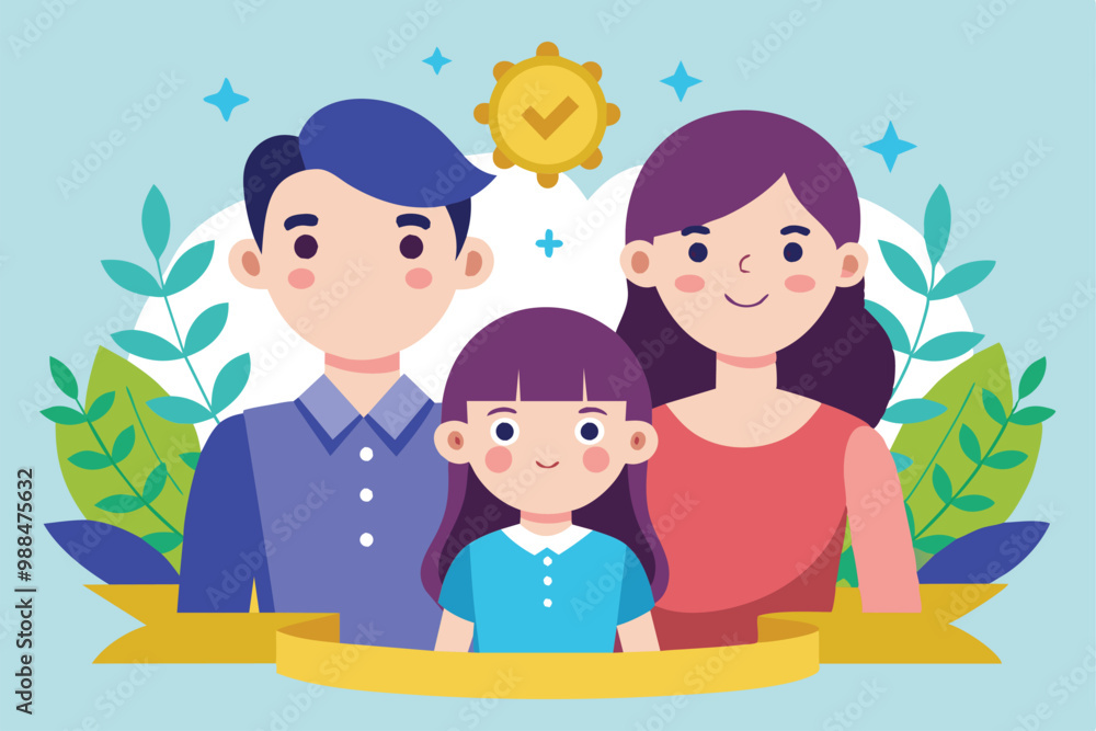 A cheerful family of three poses together, showcasing a parent on each side of their smiling daughter in a vibrant, colorful environment. A cheerful family of three poses together, showcasing a parent on each side of their smiling daughter in a vibrant, colorful environment.