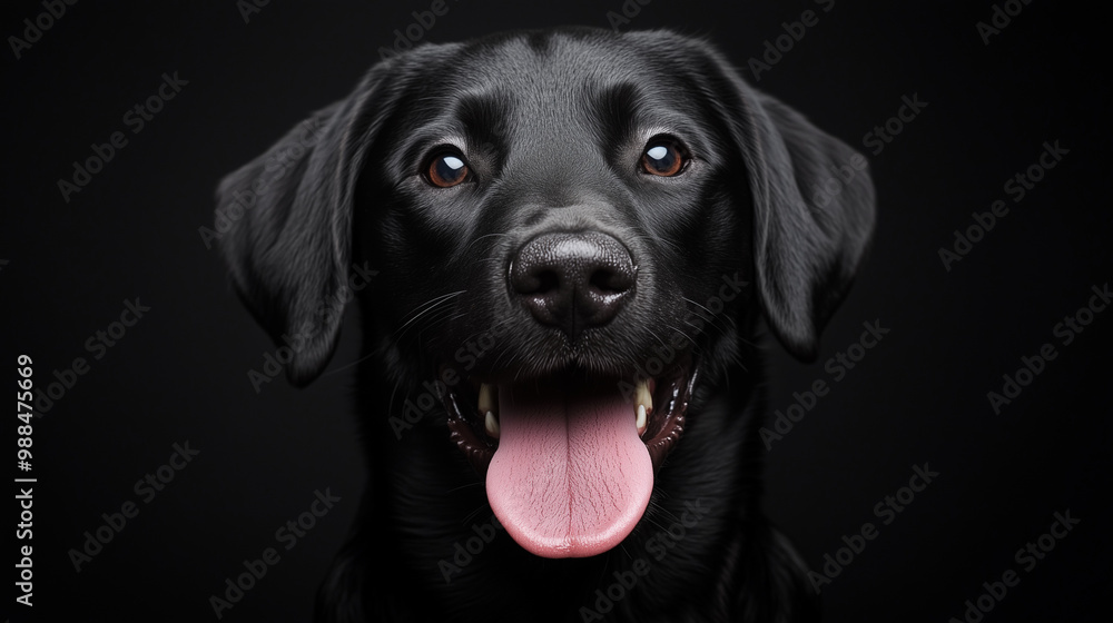 A black Labrador with its tongue sticking out, a happy expression
