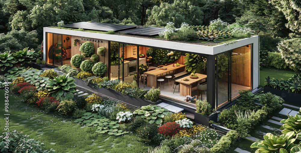 A modern allotment with habitable garden shed and solar roof, with some lawn with vegetables and fruit. A modern allotment with habitable garden shed and solar roof, with some lawn with vegetables and fruit.