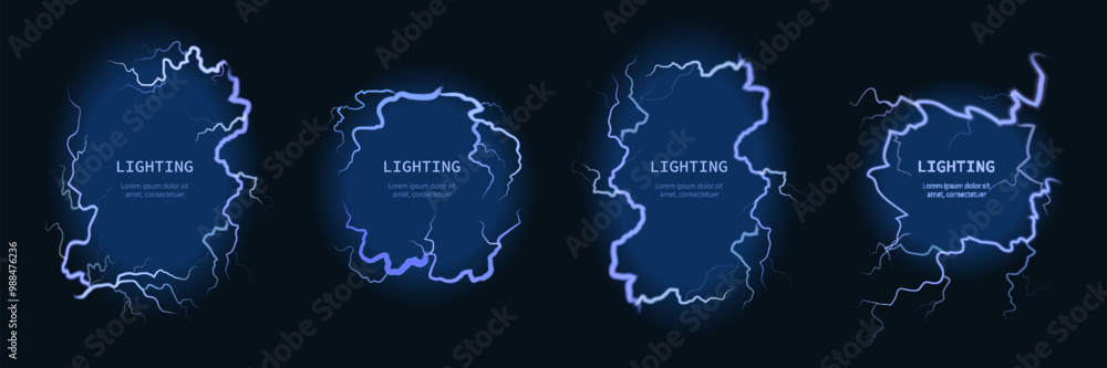 Lightning frames. Storm thunderbolts borders, Glowing thunderstorm isolated decorative elements for poster, flyer or card, copy space for text. Electric strikes voltage on black. Vector set Lightning frames. Storm thunderbolts borders, Glowing thunderstorm isolated decorative elements for poster, flyer or card, copy space for text. Electric strikes voltage on black. Vector set