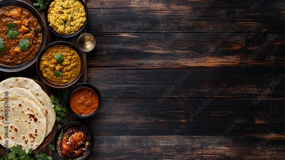 Indian food on wooden background, chicken curry, dal, rice, naan bread, chutney. Indian food on wooden background, chicken curry, dal, rice, naan bread, chutney.
