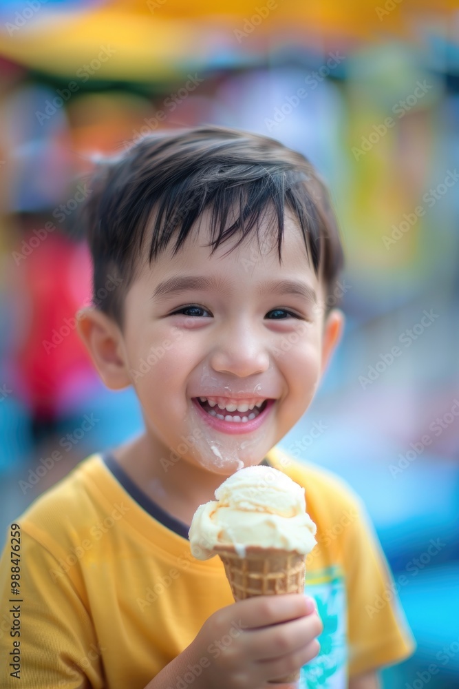 Happy Child Enjoying Ice Cream Cone Indoors on a Bright Day Happy Child Enjoying Ice Cream Cone Indoors on a Bright Day