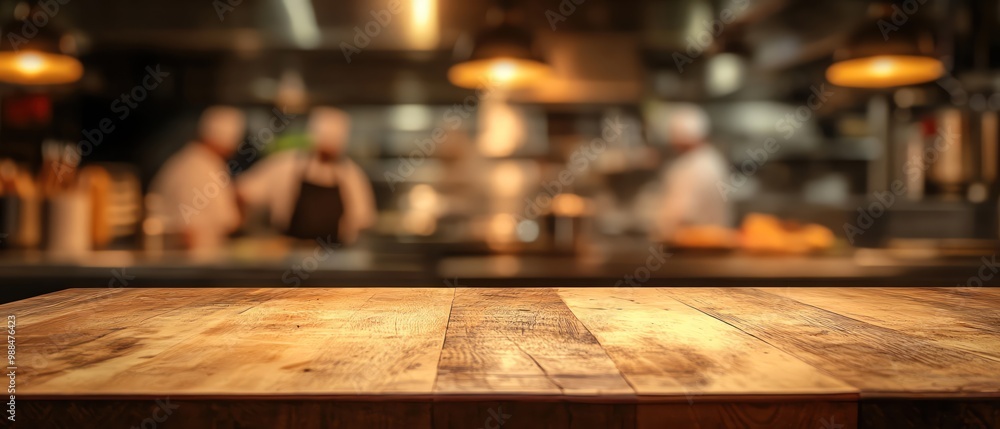 Wooden counter with chefs blurred in the background, busy kitchen Wooden counter with chefs blurred in the background, busy kitchen