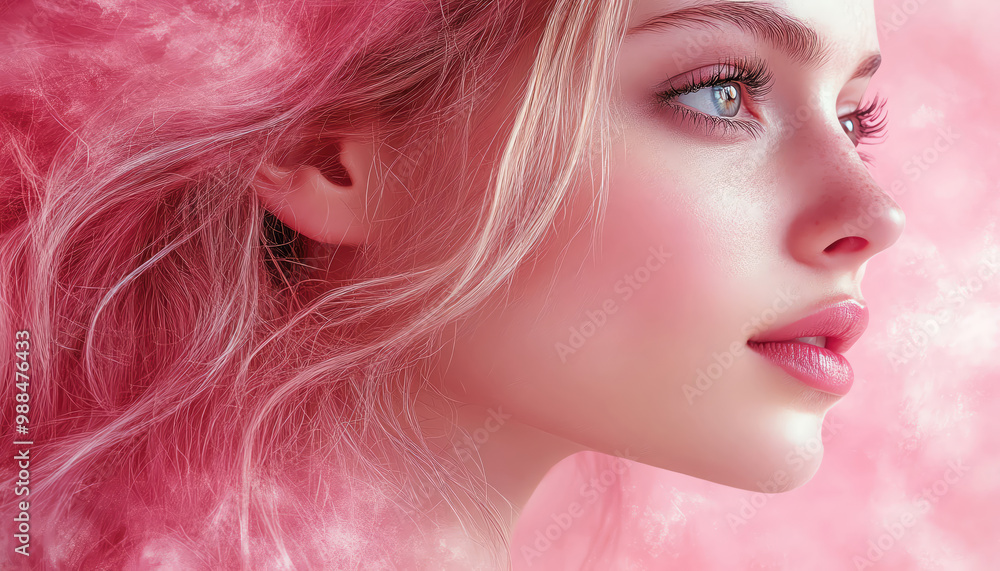 Woman with flowing hair, soft pink background, serene expression Woman with flowing hair, soft pink background, serene expression