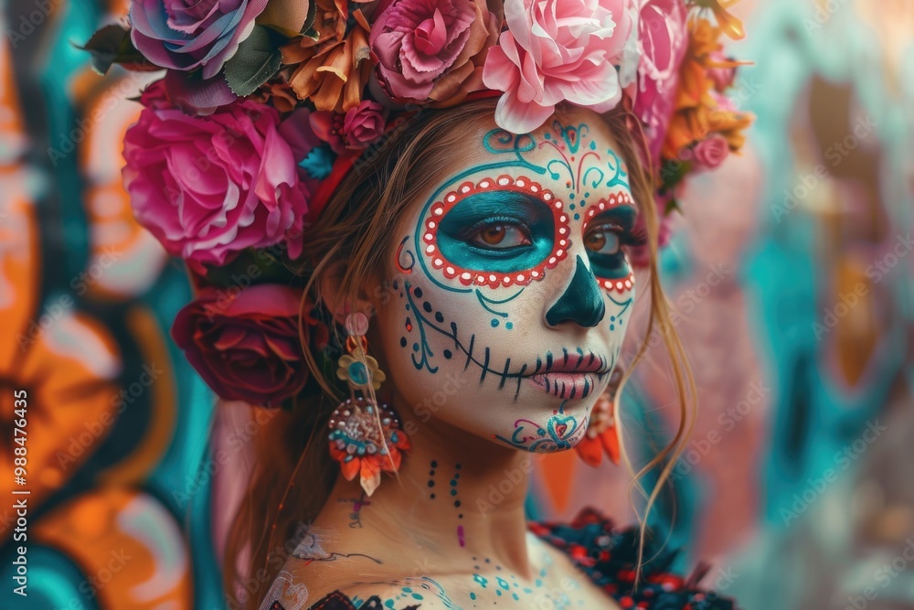 A woman adorned with sugar skull makeup and flowers in her hair A woman adorned with sugar skull makeup and flowers in her hair