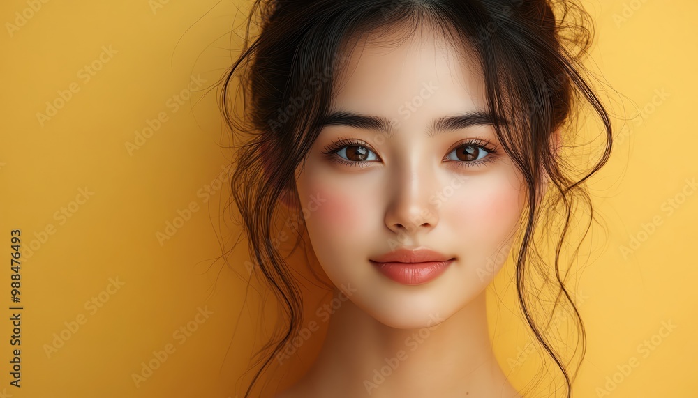 Young pretty Asian girl, dark hair, charming smile, yellow background and space for text Young pretty Asian girl, dark hair, charming smile, yellow background and space for text