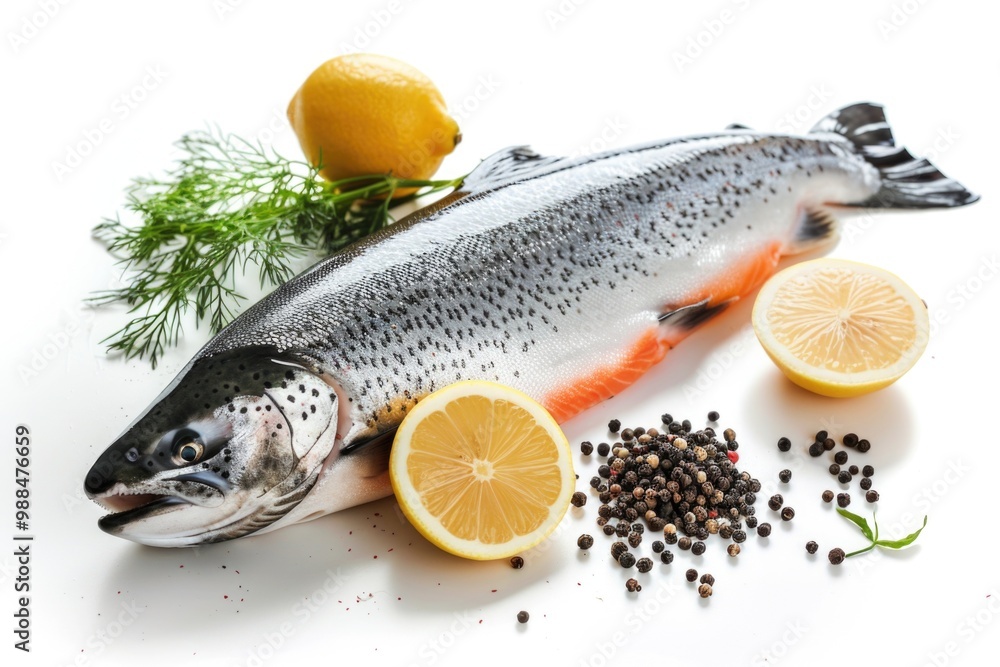 Fresh fish served with lemon, pepper, and dill on a clean white surface Fresh fish served with lemon, pepper, and dill on a clean white surface