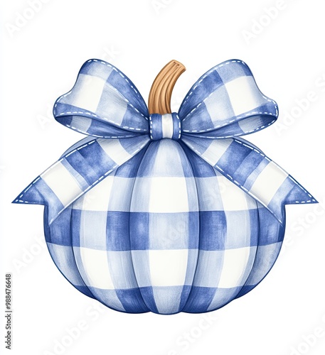 Blue gingham pumpkin with checkered bow design, A blue and white gingham-patterned pumpkin, decorated with a matching bow, perfect for adding a cozy farmhouse touch to seasonal decor.
