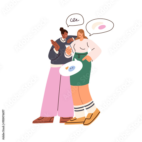 Happy women friends discussing and sharing funny online content on smartphone. Girls talking about online social media, looking at mobile phone. Flat vector illustration isolated on white background