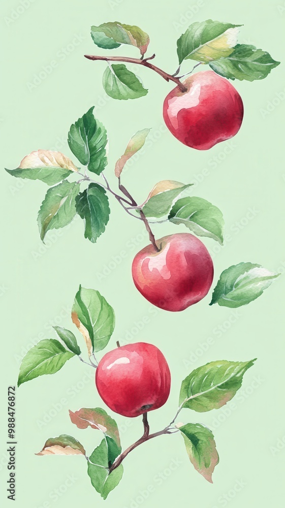 Set of watercolor red apple on branch with leaves,Watercolor illustration of a sweet fruit on a white background,illustration Isolated drawing,hand drawn concept,copy space. Set of watercolor red apple on branch with leaves,Watercolor illustration of a sweet fruit on a white background,illustration Isolated drawing,hand drawn concept,copy space.