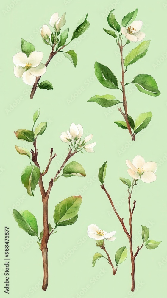 Set of watercolor red apple on branch with leaves,Watercolor illustration of a sweet fruit on a white background,illustration Isolated drawing,hand drawn concept,copy space. Set of watercolor red apple on branch with leaves,Watercolor illustration of a sweet fruit on a white background,illustration Isolated drawing,hand drawn concept,copy space.