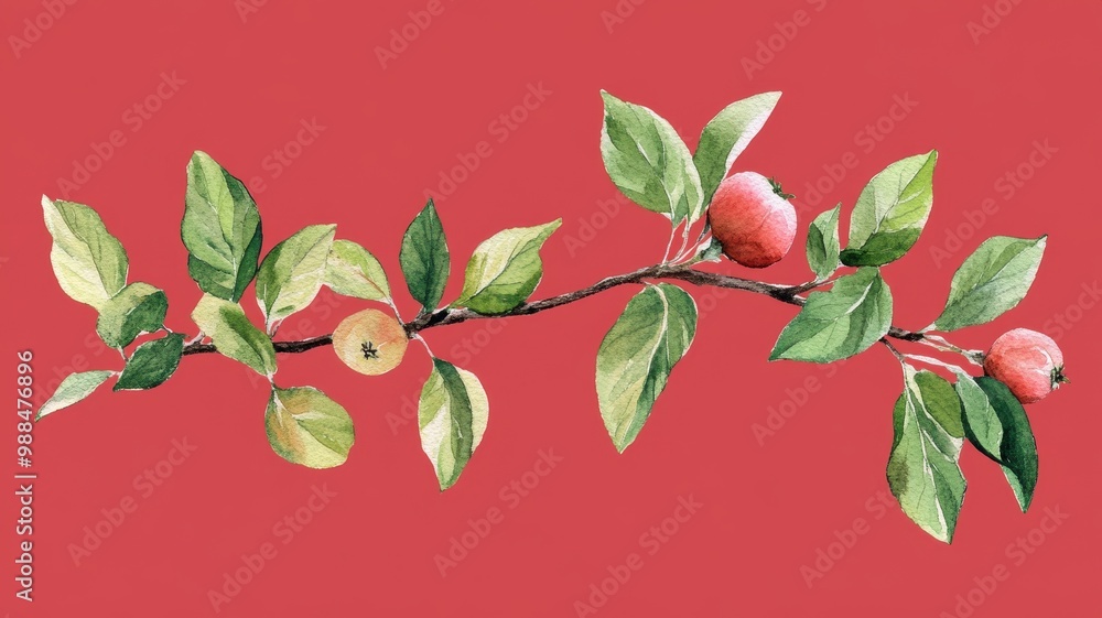 Set of watercolor red apple on branch with leaves,Watercolor illustration of a sweet fruit on a white background,illustration Isolated drawing,hand drawn concept,copy space. Set of watercolor red apple on branch with leaves,Watercolor illustration of a sweet fruit on a white background,illustration Isolated drawing,hand drawn concept,copy space.