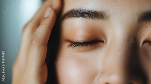 Radiant Skin of an Asian Woman as She Applies Makeup in a Beautifully Designed Minimalist Space Emphasizing Chic Aesthetics and Soft Colors