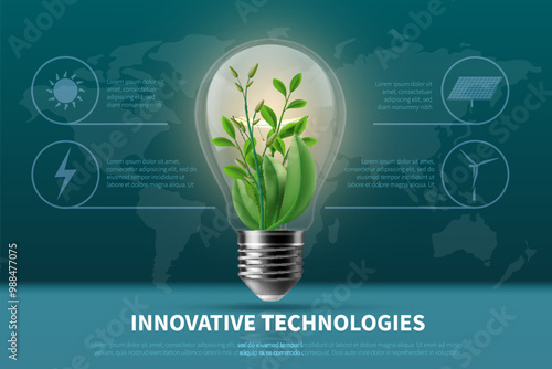 Light bulb plant. Green renewable bio energy, wind and sun. Environmental alternative sources, eco friendly banner design, poster and flyer, recycle cover, vector innovate technologies concept