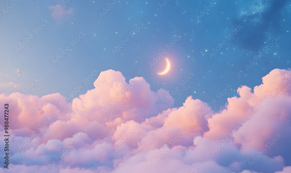 A small moon and stars rest quietly on top of a glowing cloud layer surrounded by other soft floating clouds, Generative AI A small moon and stars rest quietly on top of a glowing cloud layer surrounded by other soft floating clouds, Generative AI