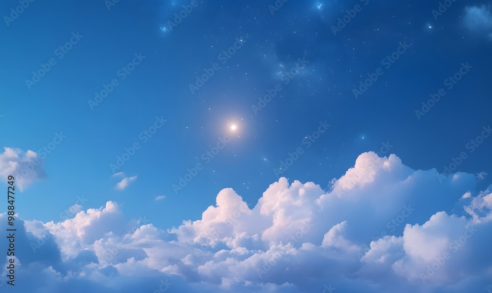 A small moon and stars rest quietly on top of a glowing cloud layer surrounded by other soft floating clouds, Generative AI A small moon and stars rest quietly on top of a glowing cloud layer surrounded by other soft floating clouds, Generative AI
