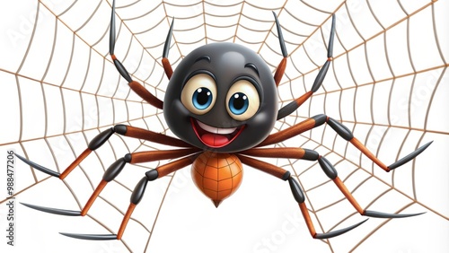 A whimsical cartoon spider twirls a web with finesse while dangling from the ceiling, its cheerful grin gleaming photo