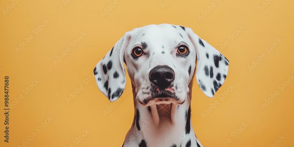 A close-up portrait photo of a Dalmatian dog looking at the camera, isolated against a colourful background. A close-up portrait photo of a Dalmatian dog looking at the camera, isolated against a colourful background.