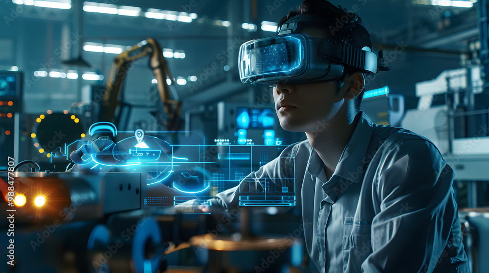 Fototapeta premium A working man in virtual glasses controls the production process. Neural network AI generated art