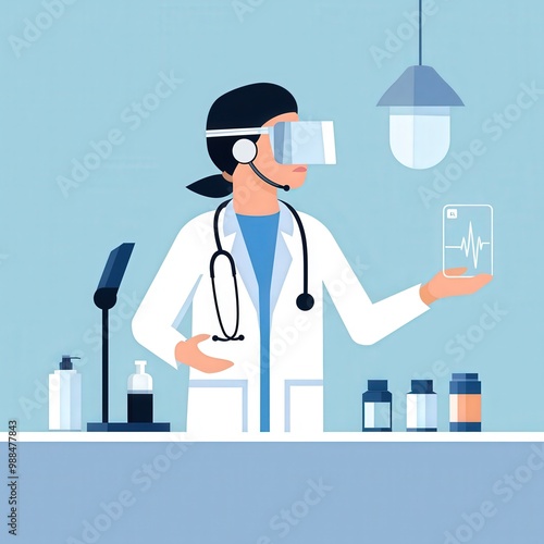 Virtual Medical Consultation Concept - Minimalist Vector Illustration of Medical Consultant Conducting Online Patient Visit