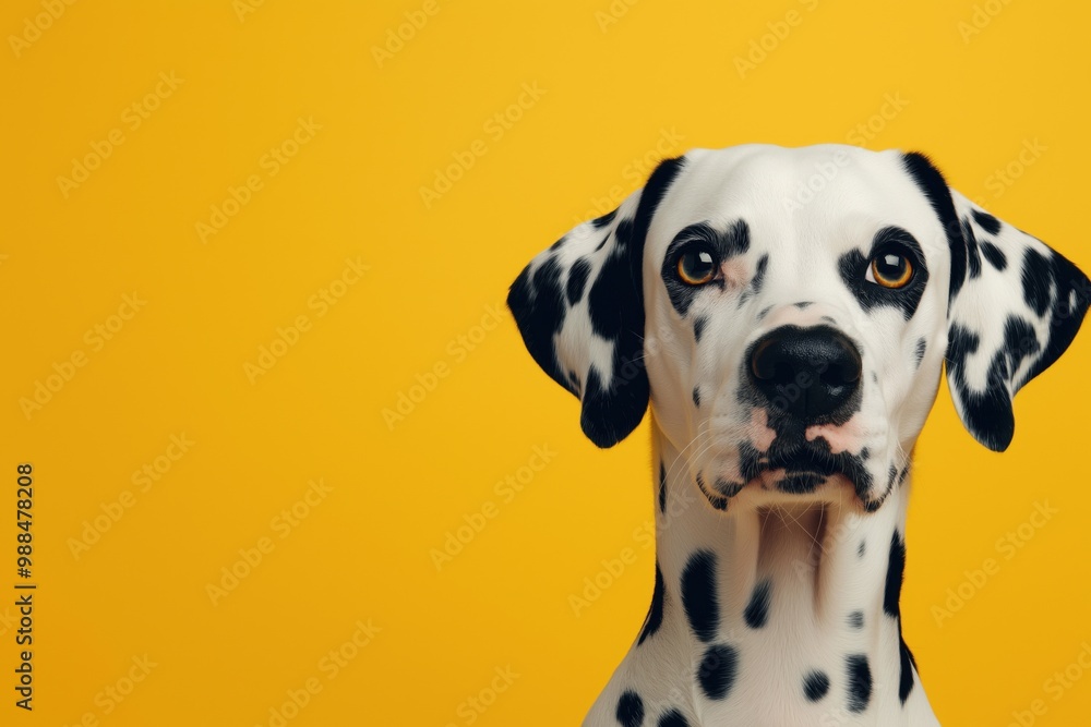 A close-up portrait photo of a Dalmatian dog looking at the camera, isolated against a colourful background. A close-up portrait photo of a Dalmatian dog looking at the camera, isolated against a colourful background.