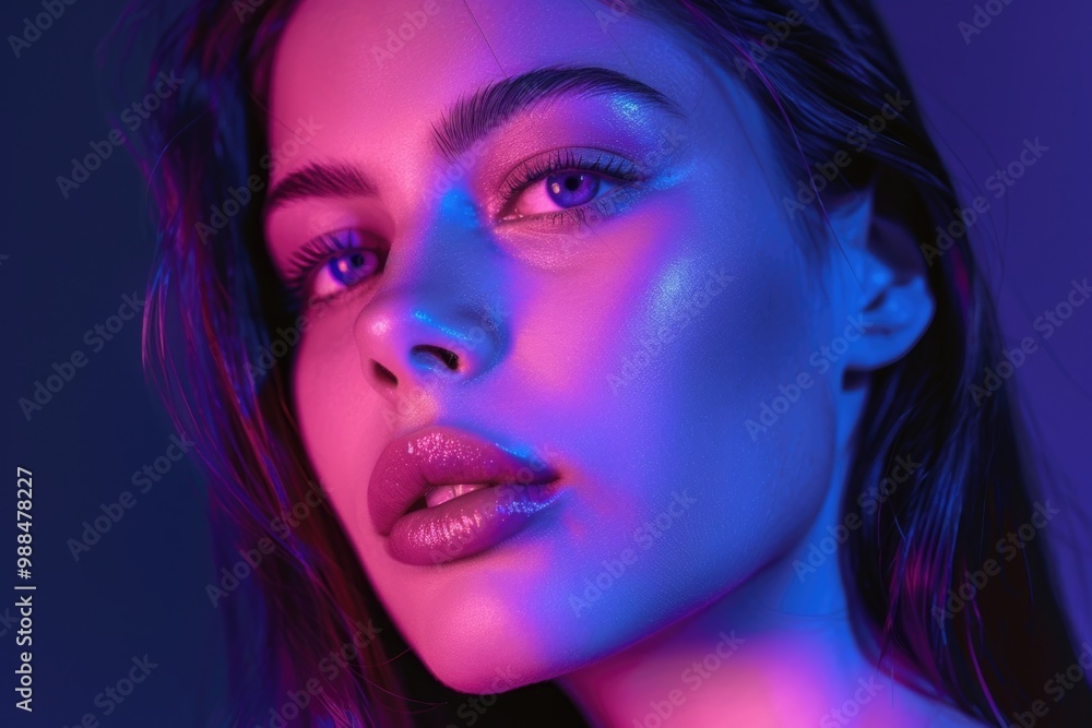 A close-up of a woman's face with striking blue and purple lighting effects A close-up of a woman's face with striking blue and purple lighting effects