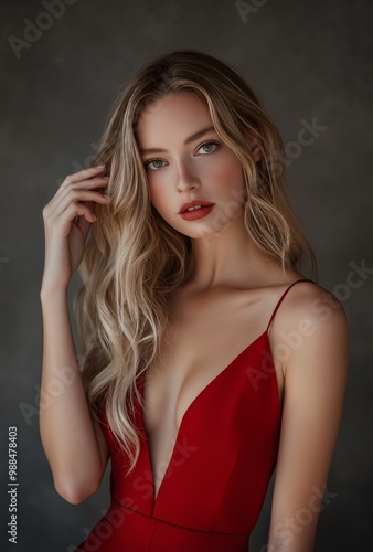 Wallpaper Mural beautiful woman in a red dress, posing and touching her hair with her hand on a grey background. She is looking at the camera Torontodigital.ca