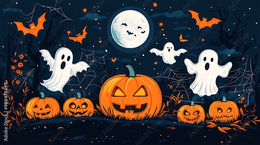 Halloween celebration vector design an array of cheerful pumpkins playful ghosts and spooky bats surrounded by cobwebs and moonlit skies capturing the essence of a fun and eerie festivity Halloween celebration vector design an array of cheerful pumpkins playful ghosts and spooky bats surrounded by cobwebs and moonlit skies capturing the essence of a fun and eerie festivity