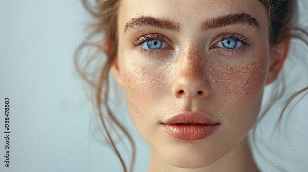 Close-up portrait of a woman with distinctive freckles on her face, suitable for use in beauty or lifestyle contexts Close-up portrait of a woman with distinctive freckles on her face, suitable for use in beauty or lifestyle contexts