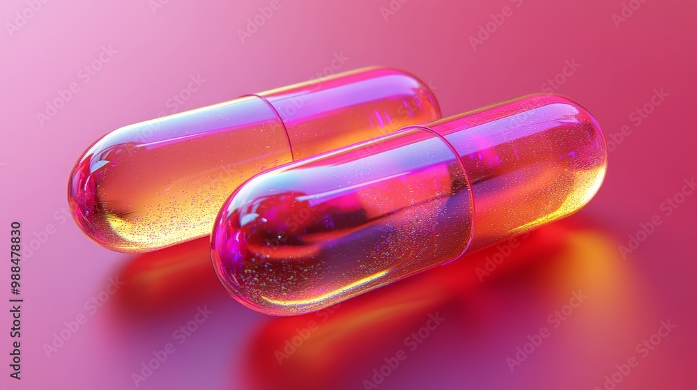 Capsules with iridescent, oily texture on a sleek red surface, soft blur reflections, highly detailed, dramatic lighting, realistic Capsules with iridescent, oily texture on a sleek red surface, soft blur reflections, highly detailed, dramatic lighting, realistic