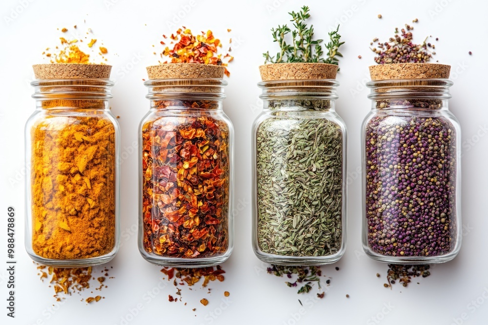 Assorted Dry Spices in Glass Jars - Home Kitchen Decor and Culinary Ingredients Assorted Dry Spices in Glass Jars - Home Kitchen Decor and Culinary Ingredients