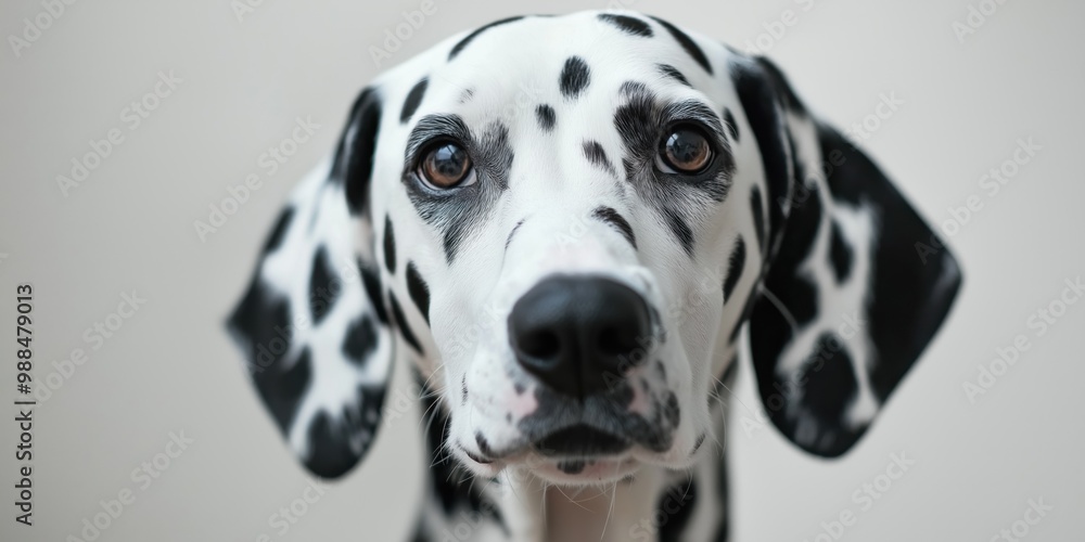 A close-up portrait photo of a Dalmatian dog looking at the camera, isolated against a colourful background. A close-up portrait photo of a Dalmatian dog looking at the camera, isolated against a colourful background.