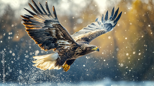 Wallpaper Mural Majestic eagle soaring through a snowy landscape, showcasing its powerful wings in flight. Torontodigital.ca