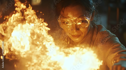 Woman working with fire in a workshop, wearing protective goggles, intense focus, vibrant flames, dramatic lighting. photo