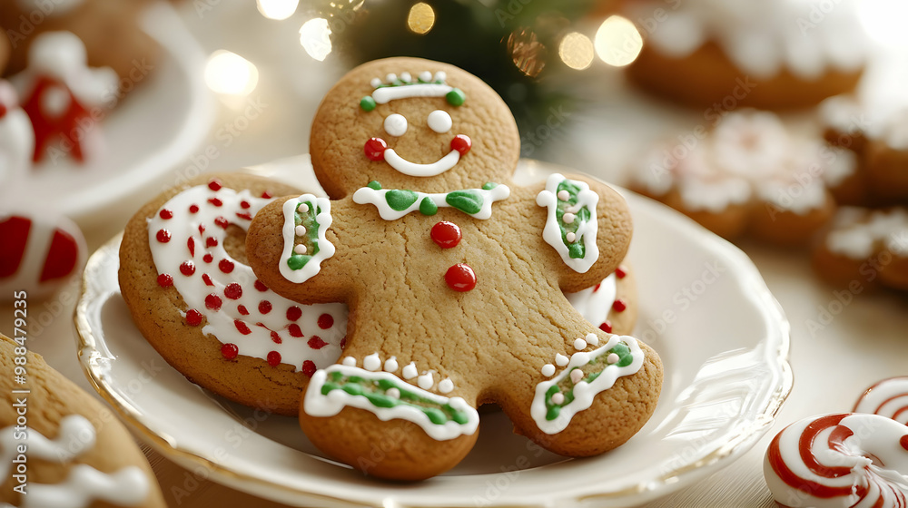 Delicious gingerbread cookie decorated with icing, perfect for festive celebrations on a plate. Delicious gingerbread cookie decorated with icing, perfect for festive celebrations on a plate.