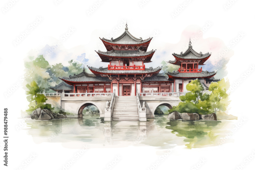 PNG watercolor illustration of a buildings, asian, isolated on a white paper background PNG watercolor illustration of a buildings, asian, isolated on a white paper background