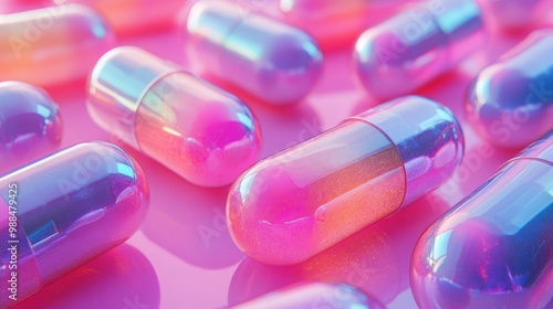 Colorful capsules reflecting iridescent light, arranged in a unique pattern on a vibrant pink background, exuding a futuristic vibe