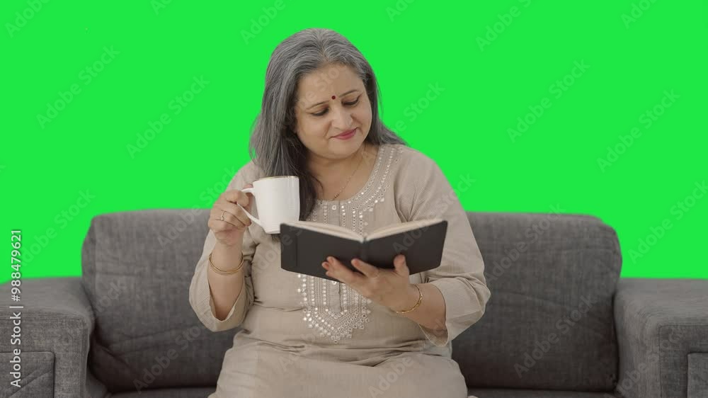 Happy Indian old woman reading a book in morning Green screen Happy Indian old woman reading a book in morning Green screen