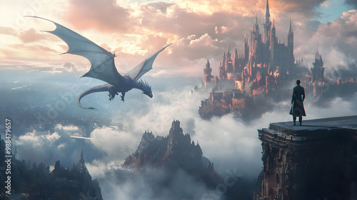 A mystical scene featuring a dragon soaring over a majestic castle amidst clouds and dramatic skies. photo