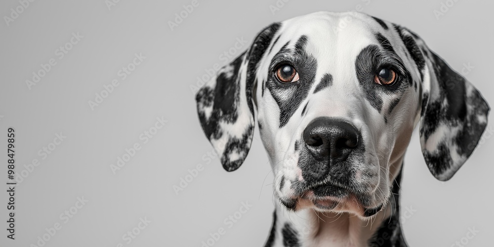 A close-up portrait photo of a Dalmatian dog looking at the camera, isolated against a colourful background. A close-up portrait photo of a Dalmatian dog looking at the camera, isolated against a colourful background.