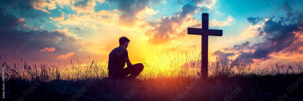 Φωτογραφία Silhouette of a Solitary Man Kneeling in Prayer Near a Wooden Cross at Sunset wi
