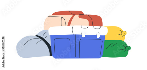 Baggage, hiking luggage pile for travel, camping. Many tourists packs and stuff, thermal bag, supplies in packages for outdoor adventure. Flat vector illustration isolated on white background