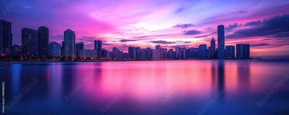 Fototapeta premium Cityscape at Sunset with Pink and Purple Sky Reflected in Water