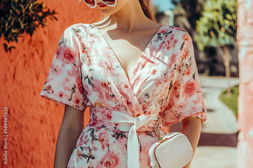 A light pink floral wrap dress with a high-low skirt, white sunglasses, and a small handbag. A light pink floral wrap dress with a high-low skirt, white sunglasses, and a small handbag.