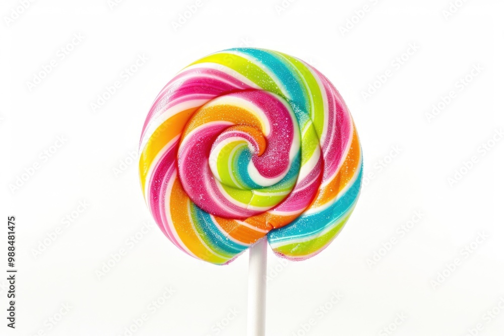 A single colorful lollipop on a stick, set against a white background A single colorful lollipop on a stick, set against a white background