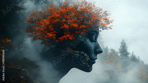 A surreal silhouette blending a woman's profile with vibrant autumn foliage against a misty forest backdrop.