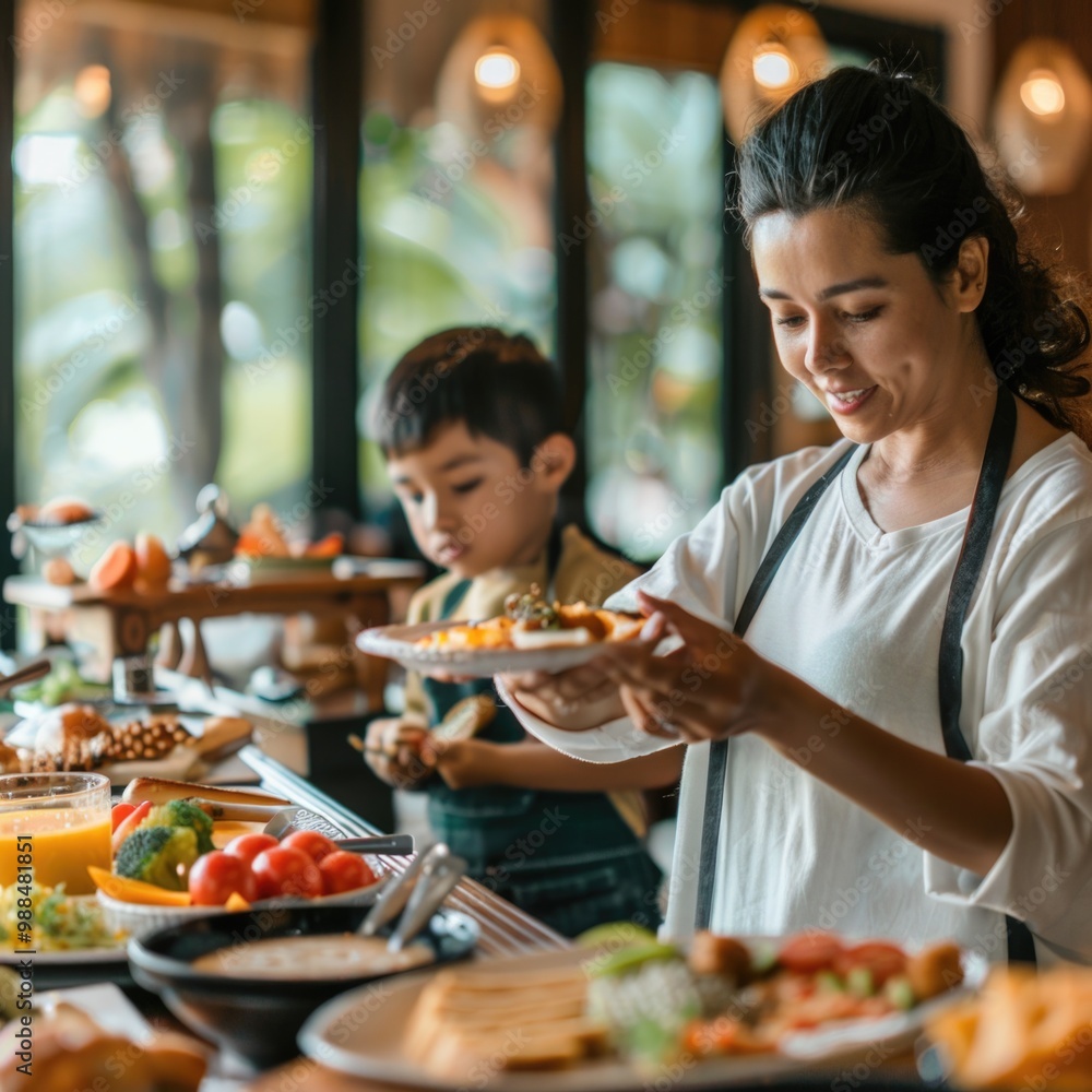 Mother serving her child at a buffet table, one plate of food in front of them Mother serving her child at a buffet table, one plate of food in front of them