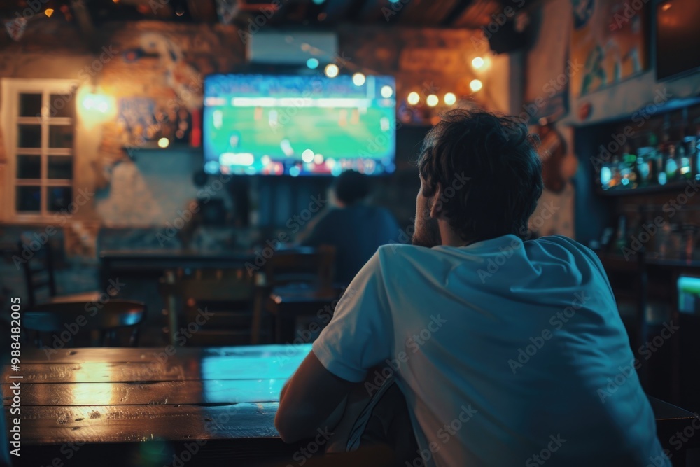 A person sitting at a bar enjoying a soccer match, great for sports-related content or backgrounds A person sitting at a bar enjoying a soccer match, great for sports-related content or backgrounds