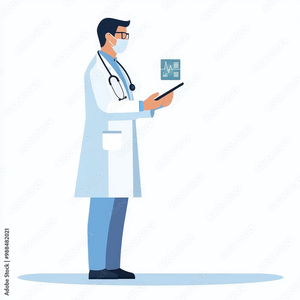Modern Doctor in Lab Coat with Digital Health Data Tablet - Flat Vector Illustration Modern Doctor in Lab Coat with Digital Health Data Tablet - Flat Vector Illustration